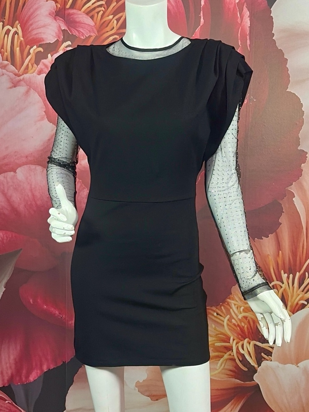 AKIRA Black 2 Piece Cocktail Dress Sheer Rhinestone Mesh Crop Top Mini Dress S